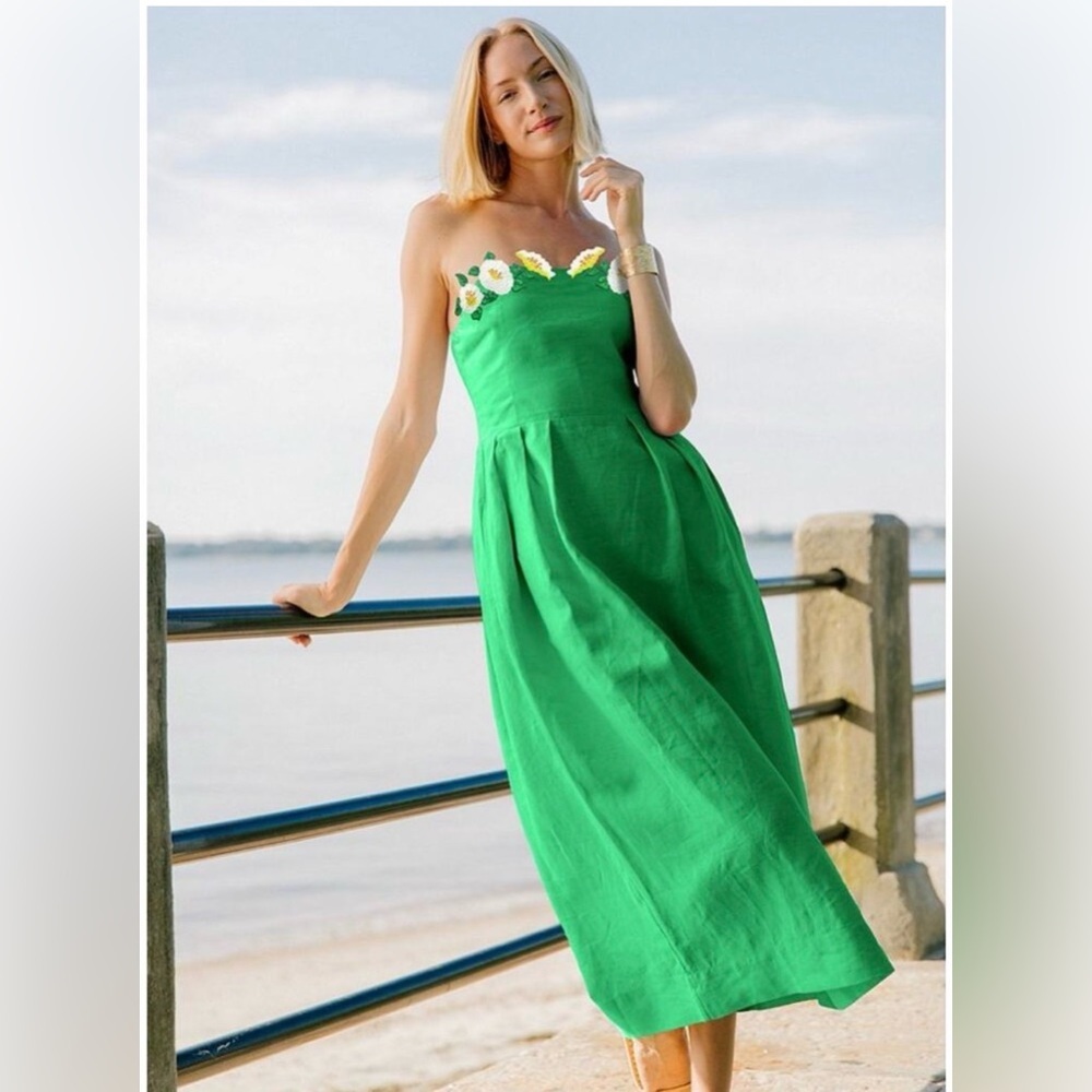NEW Fanm Mon Embroidered Detail Spaghetti Strap Green Linen Midi Dress Size XL